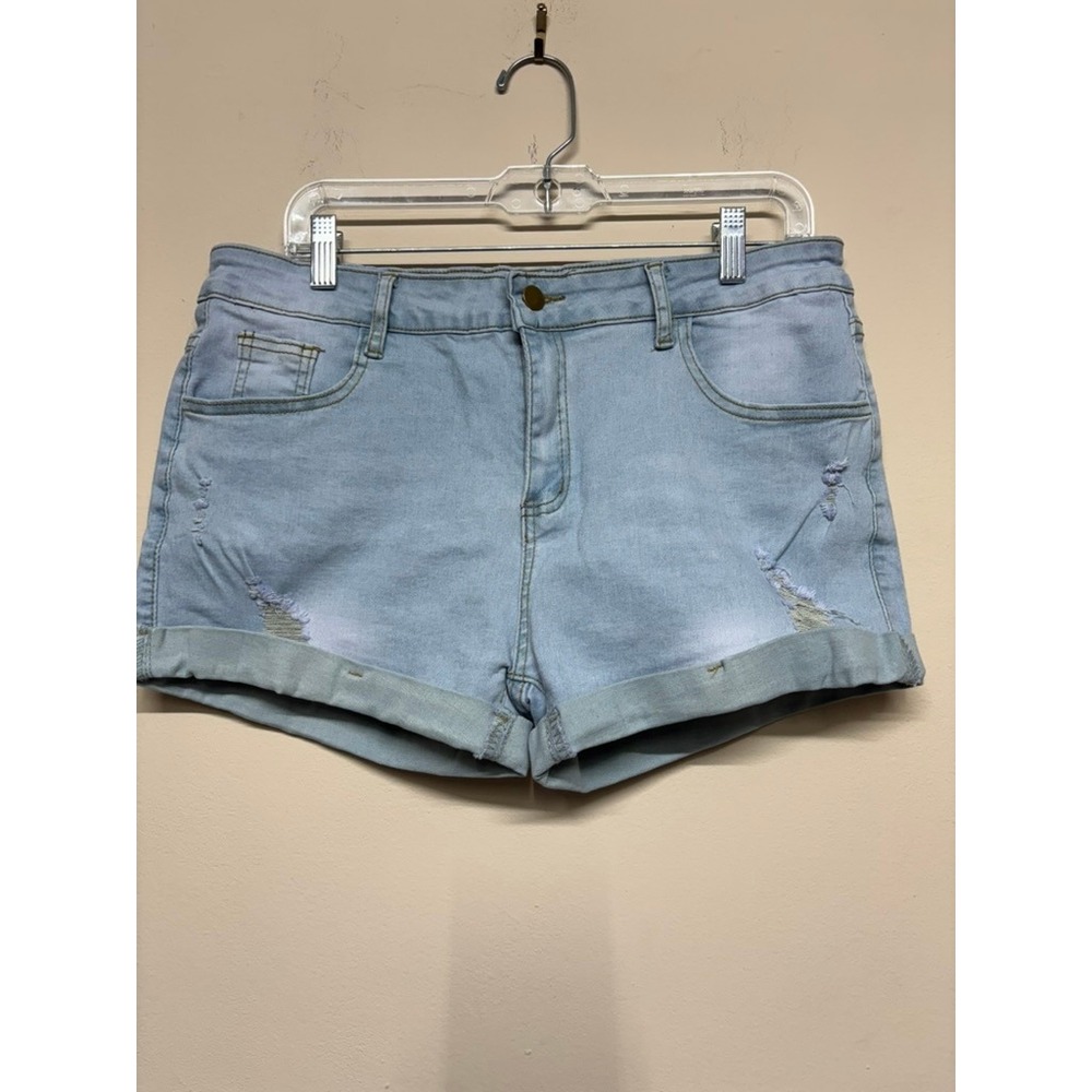 Womens Light Wash Distressed‎ Denim Shorts XXL High Rise Stretch Cuffed